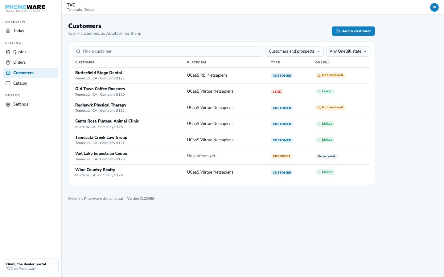 The Customers tab in Omni, showing synced customer records and the account manager assigned in Autotask