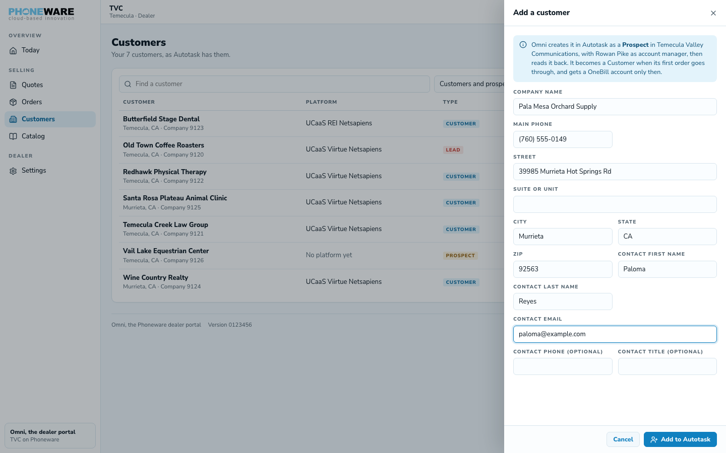 Adding a new customer in Omni with company name and contact details