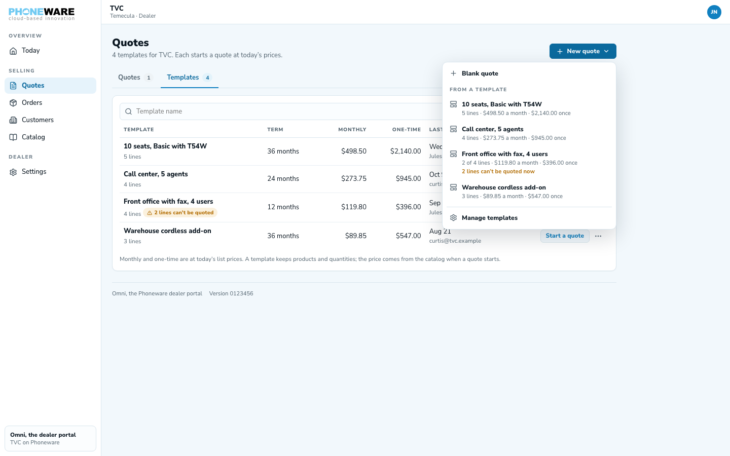 The New quote menu in Omni, showing the option to start blank or launch directly from a saved template