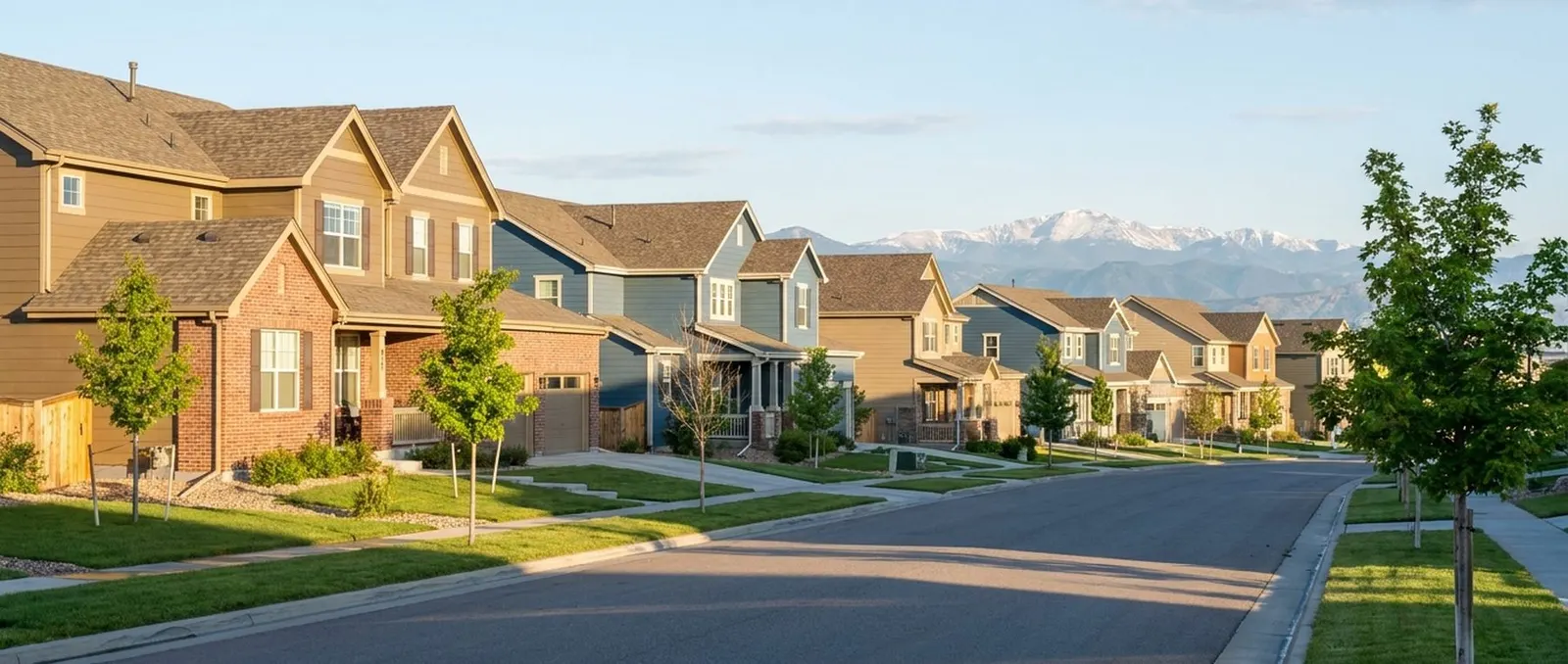 A street of new homes in a growing community, early morning, mountains behind.