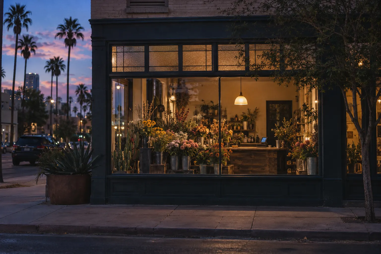 A Phoenix flower shop at blue hour after closing, one lamp on over the counter.