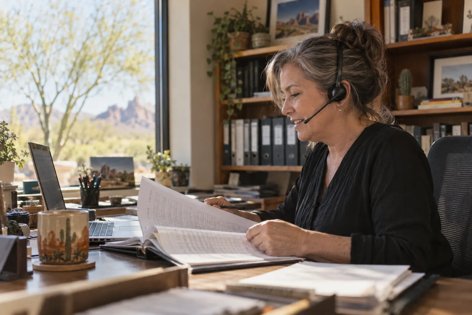 A bookkeeper on a headset call at her desk in a small Phoenix office.