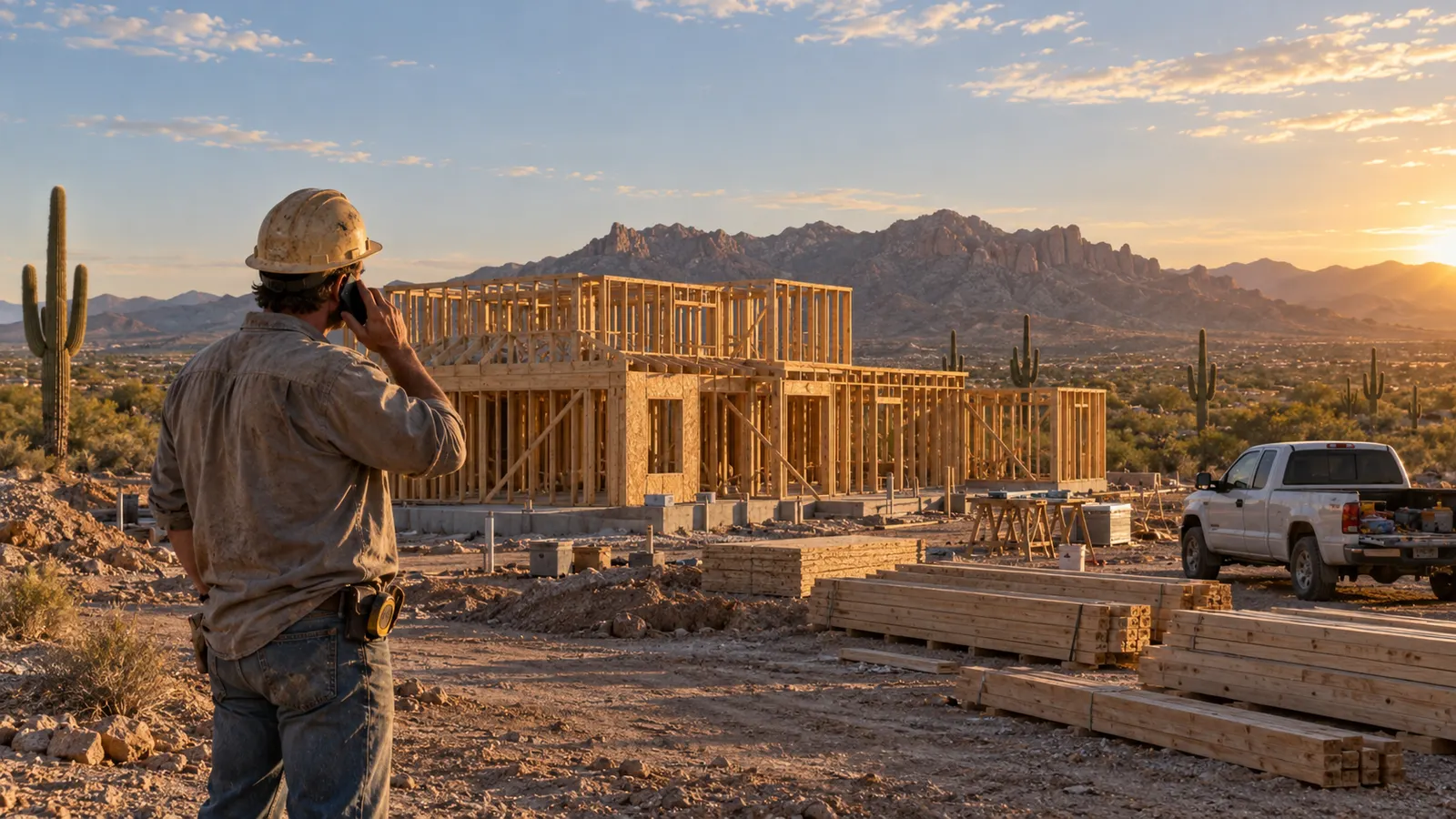 A contractor takes a call on his cell phone at a framed house on the north edge of Phoenix at golden hour.