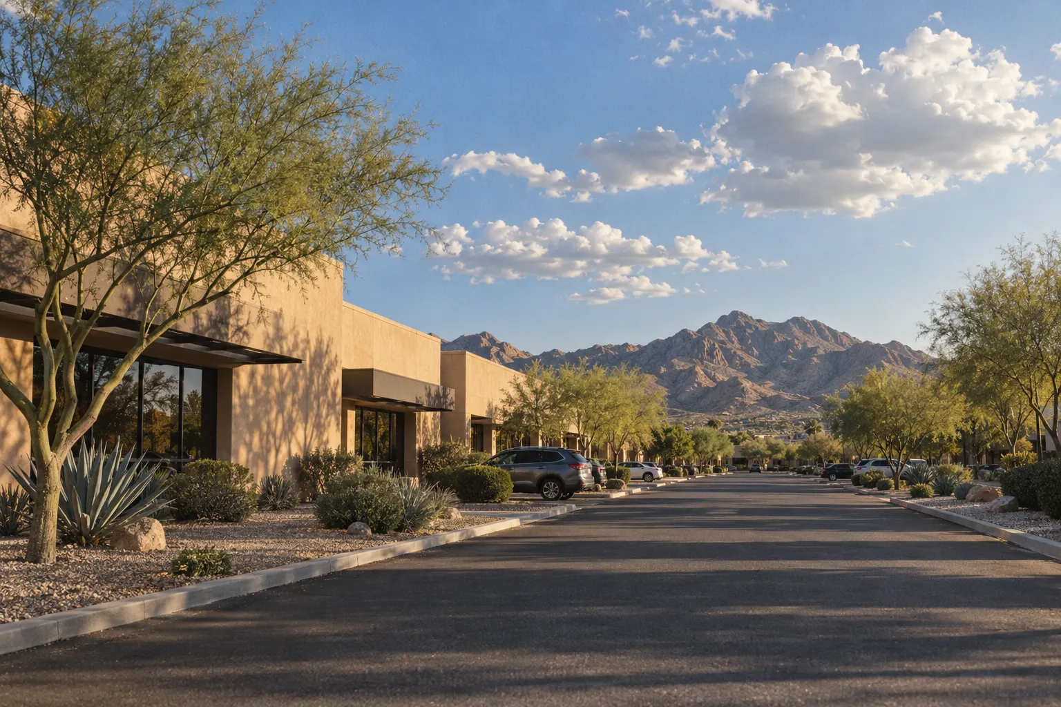 A low-rise office street in North Phoenix with the Phoenix Mountains behind.