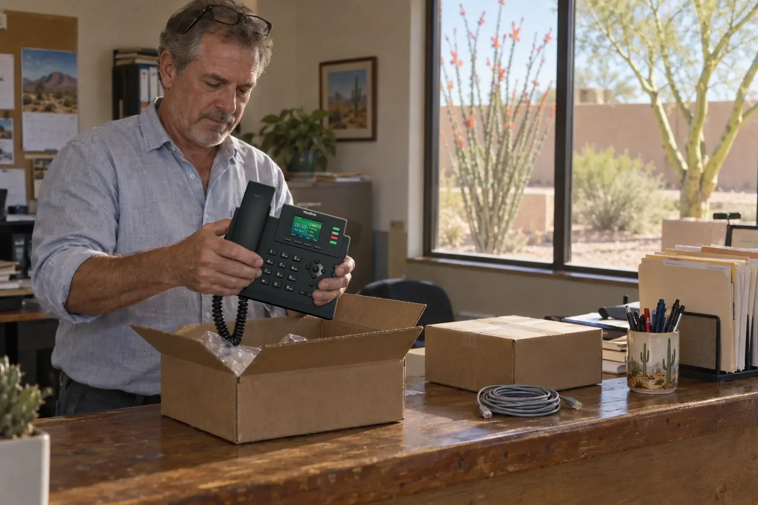 An office manager lifts a new Yealink T33G desk phone out of its box on the front counter of a small Phoenix office.