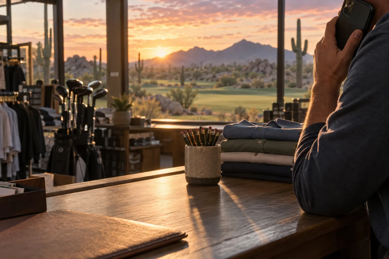 At sunrise in a desert golf club pro shop, a staff member takes a call at the counter.