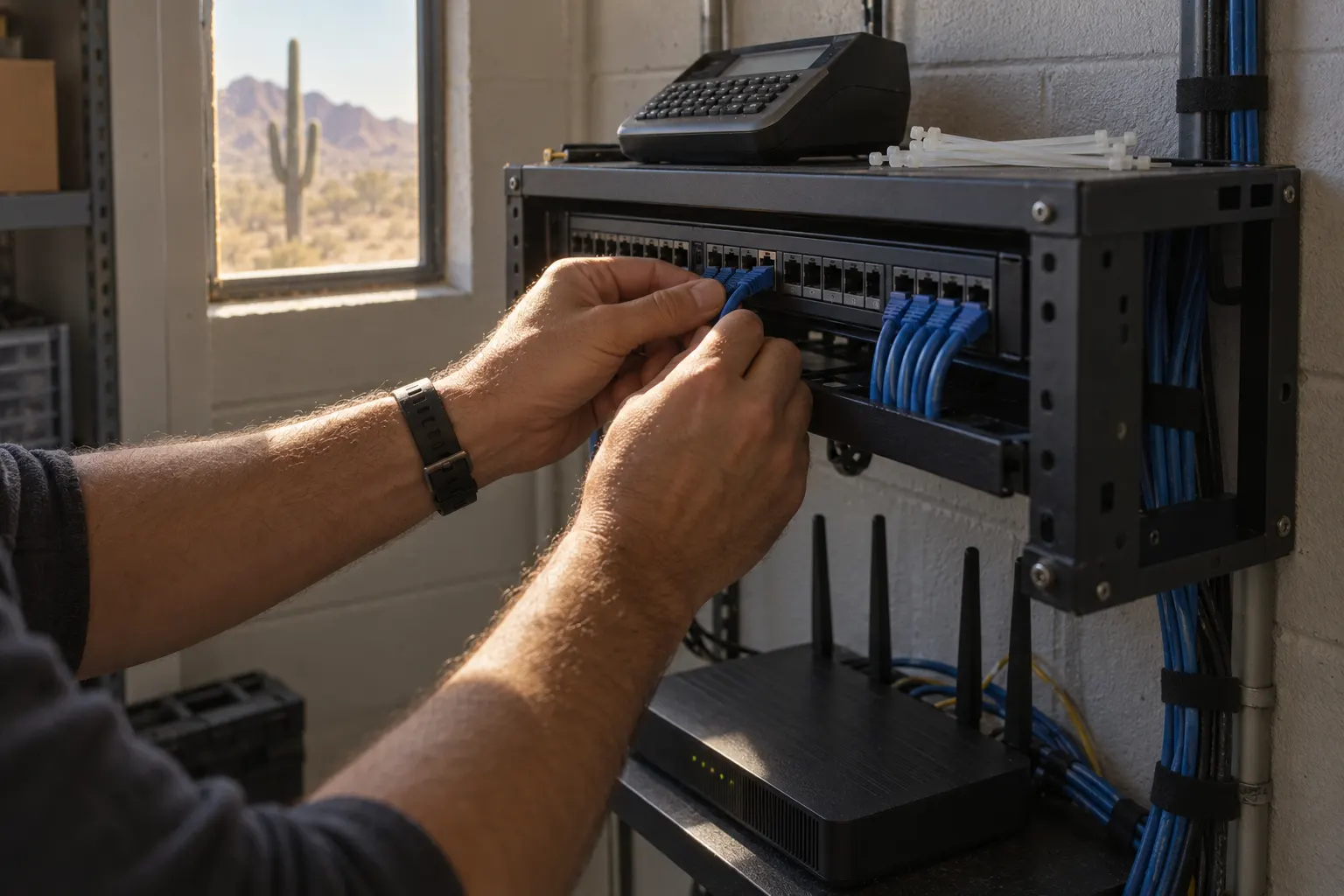 A technician’s hands seat a patch cable in a small network rack in a Phoenix office closet.